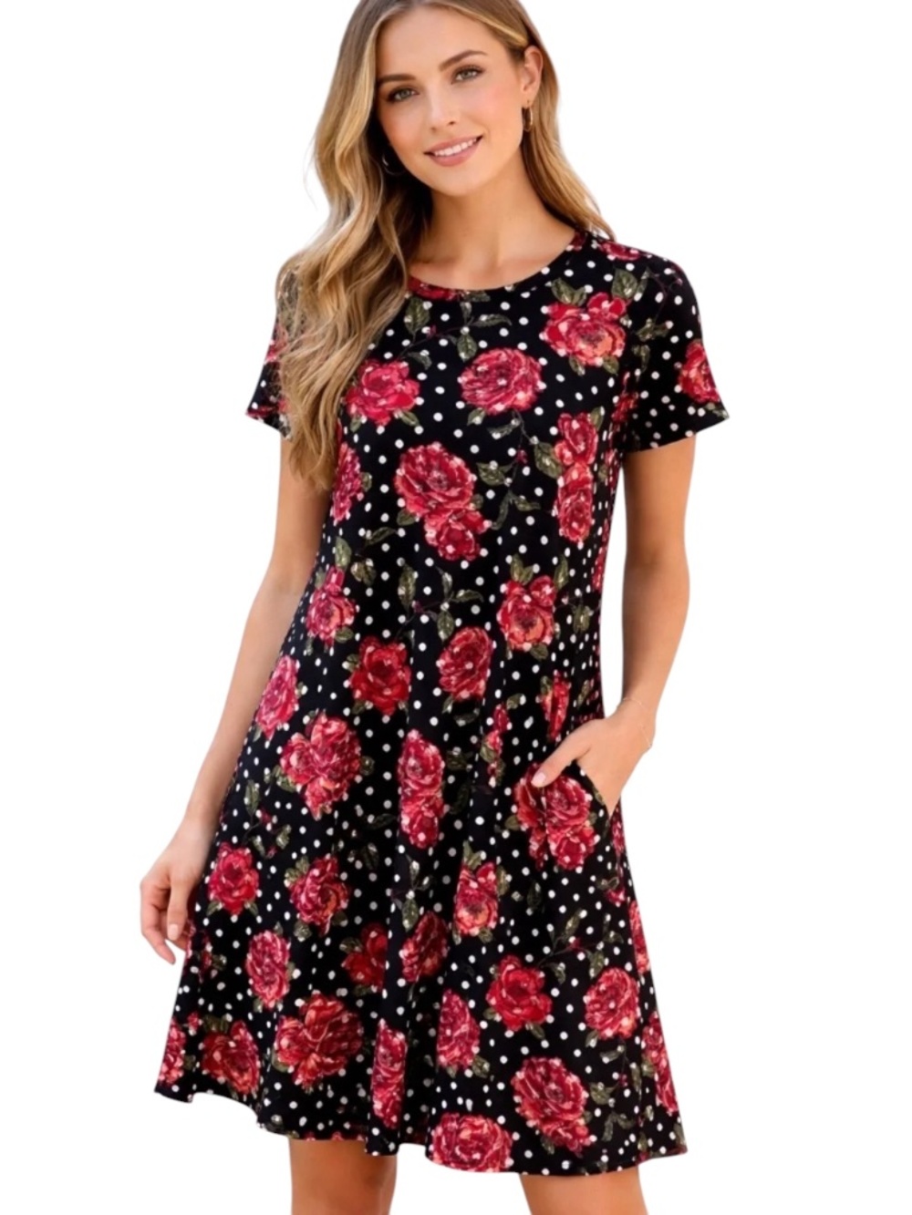 LuLaRoe Carly Dress Medium Red Black Polka Dot Hi Low Swing Dress